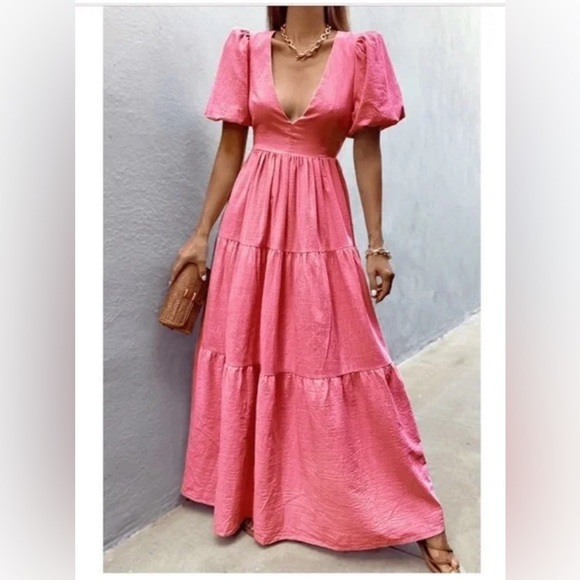 Princess Polly Dresses & Skirts - Seven Wonders V-Neck Pink Linen Maxi Dress